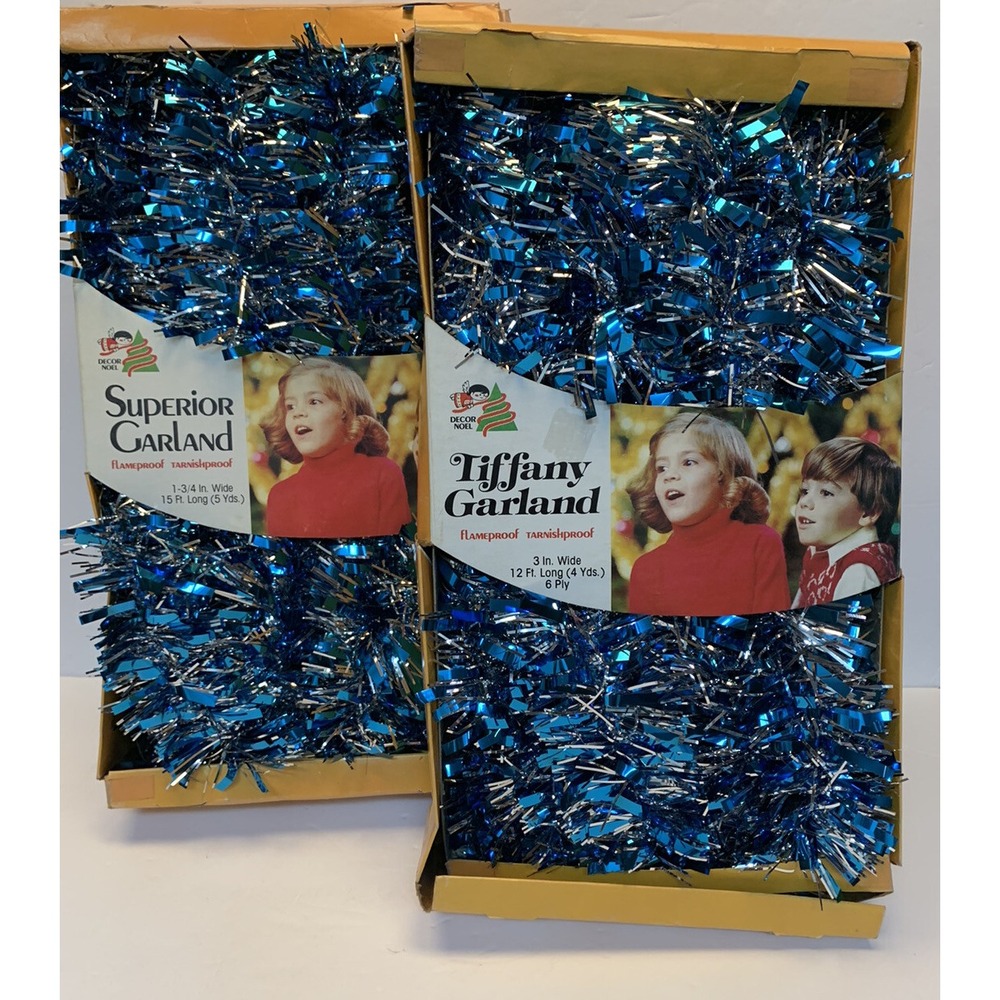Vintage Retro Blue 12' x 3" Tinsel Christmas Tree Garland Made in USA QTY-2 NEW